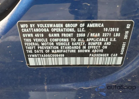 2016 Volkswagen Passat 1.8T Se from USA, damaged, VIN 1VWBT7A30GC008459